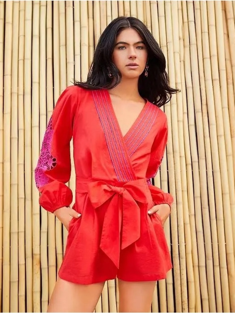 Chelsea & Violet Red Livvy Long Sleeve Romper with Purple Eyelet Detail Trim NWT